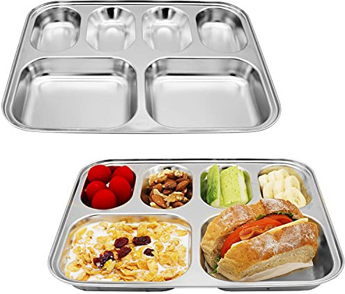 Korean Stainless Steel Divided Plates, Food Grade 304 Tray for Kids, Teens, Adults, Picky Eaters, BPA Free, 6 Sections, Diet Portion Control, Serving Platter, Dinner Snack, Set of 2