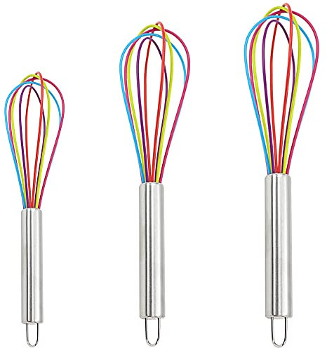 Batidor de Varillas Silicona,Juego de 3 Batir Manual Batidor de Huevo de Cocina Mango de Acero Inoxidable globo batidor para Mezclar espumar y remover