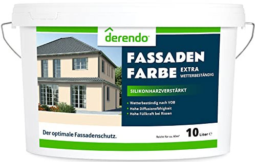 derendo Fassadenfarbe beige 10l mit EXTRA hohem Wetterschutz, matte silikonharzverstärkte Fassaden Farbe, hohe Deckkraft und gute Füllkraft bei kleinen Rissen (Cremebeige 5-31)