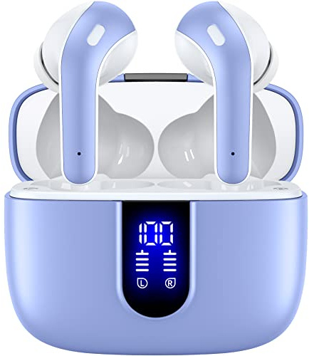 TAGRY Bluetooth Headphones True Wireless Earbuds 60H Playback LED Power Display Earphones with Wireless Charging Case IPX5 Waterproof in-Ear Earbuds Purple
