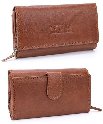 irisaa Damen Leder Wild Geldbörse, Portemonnaie Lang Geldbeutel,RFID Schutz 21 Kartenfächer, Brieftasche Groß, Vintage Design Used Look, Damen Tasche:Hickory Braun