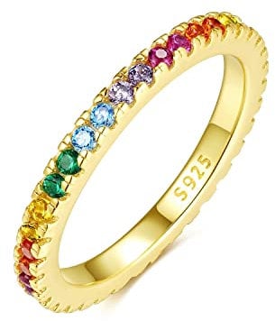 Emmie Jewelry Eternity Ring 925 Silber mit Bunte Zirkonia Steine | Damenring mit Regenbogen-Steinen rundherum | Rainbow Ringe für Damen, Frauen Schmuck (60, Gold)