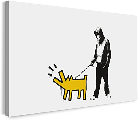 Printistico Leinwandbild (120x80cm): Banksy - Bellender Hund, Pop-Art Modern Street-Art, Kunstdruck Klein bis Groß XXL - Wohnzimmer, Schlafzimmer - Leinwand auf Keilrahmen gespannt