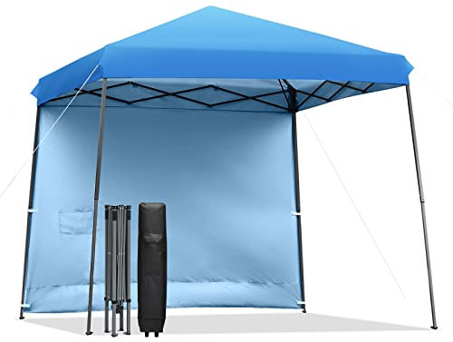 GOPLUS 3m x 3m Faltpavillon, Höhenverstellbarer Pop-Up Pavillon mit Abnehmbarer Seitenwand für Sonnenschutz, Partyzelt mit Erdspießen, Windseilen & Tragetasche mit Rädern für Garten (Blau)
