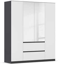 Rauch Möbel Mainz, Kleiderschrank, Farbe Weiß/Grau metallic, Breite 181 cm | Schrank, Kinderkleiderschrank, 4-türig, mit Spiegel, Push-to-open, für Schlafzimmer, Kinderzimmer, Babyzimmer, Garderobe