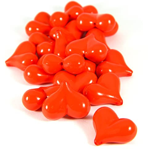 20 Big Bright Red Plastic Acrylic Bubbly Puffed Heart 17mm Beads with 1.5mm Vertical Hole, Acrylic, no stone