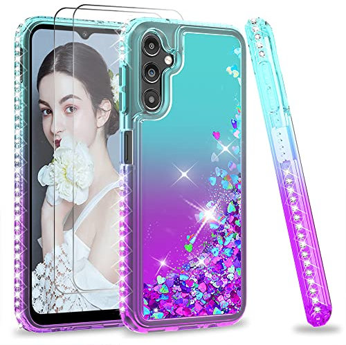 LeYi Glitzer Hülle für Samsung Galaxy A14 5G Handyhülle und 2*Schutzglas Schutzfolie, Rhinestone Glitter Flüssig Cover Bling Strass Schutzhülle Sparkling Case Handy Hüllen Frauen Türkis Lila