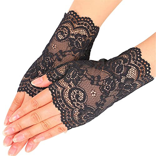 Uposao Frauen Spitze Fingerlose Handschuhe, Kurze Elegante Blumen Handschuhe Sommer UV Schutz Handschuhe Braut Hochzeit Opera Fest Party Handschuhe 1920s Handschuhe Damen Kostüm Accessoires,Schwarz
