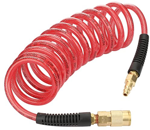 YOTOO Reinforced Polyurethane Recoil Air Hose 1/4 Inner Diameter by 10' Long, Heavy Duty, Flexible Air Compressor Hose with Bend Restrictor, 1/4 Swivel Industrial Quick Coupler and Plug, Red