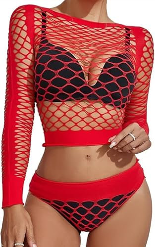 Buitifo Damen Dessous-Sets Sexy Lingerie Fischnetz Sexy Bodys Nachtwäsche(Rot WG,Einheitsgröße)