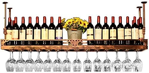 VIELAB Wine Racks Adjustable Height, Ceiling Mounted Hanging Wine Bottle Holder Metal Iron Wine Glass Rack Goblet Stemware Racks,Brass,120X35CM
