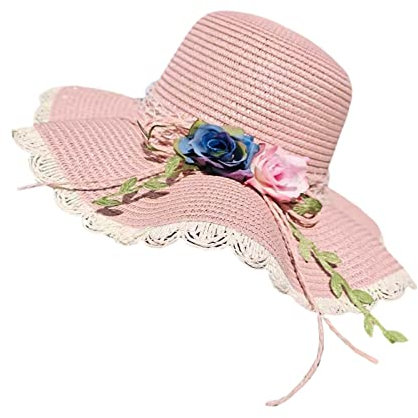 kowaku Chapeaux de paille femmes à la mode Rose embellissements chapeau femmes chapeaux été Protection solaire dames chapeaux été pour les vacances, ROSE