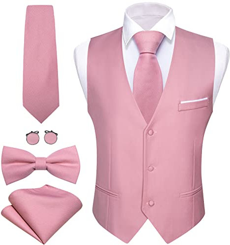 Barry.Wang Costume formel pour homme avec gilet col en V et nœud papillon - Coupe ajustée - Style décontracté - Couleur unie - Pour fête de mariage - Smoking, rose, XL