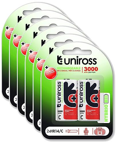 Uniross Pack de 6 x 2 Piles Rechargeables C/HR14 3000 NIMH HYBRIO, 1.2V