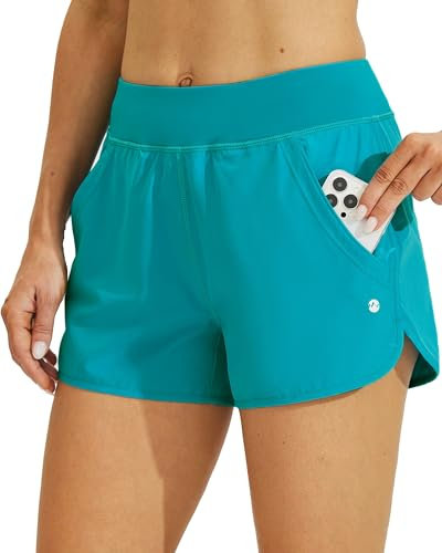 WILLIT Damen 3 Badeshorts Badehose Schwimmen Boardshorts mit Kurzliner Taschen Schnelltrockner UVA Schutz Grün L