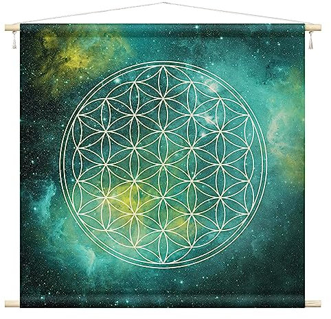 Bilderwelten Wandteppich Blume des Lebens im Licht der Sterne weiß Spirituell Holzstäbe Wandbehang XXL 90x90 cm Wandtuch Wandbild Tapisserie