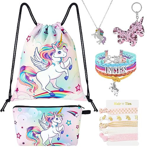 10 PCS Einhorn Turnbeutel mit Kordelzug Set - Regenbogen Einhorn Kordelzug Tasche für Mädchen Kordelzug Tasche Geschenke Kosmetiktasche Schlüsselanhänger Armband Halskette Haarbänder Kinder Mädchen