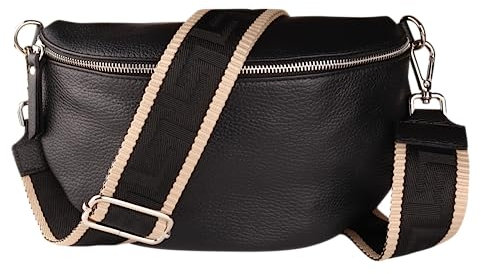MIRROSI® Bauchtasche Damen, Echtleder, Made in Italy, Umhängetasche, Brusttasche, Crossbody Bag (1 Tasche & 2 Gurte) (Schwarz (Uni Black Beige), Mittelgroße Tasche (25x16x7cm))