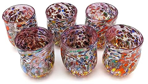 Set di sei bicchieri in vetro di Murano soffiato, murrine rosa e multicolori, opere d'arte fatte a mano Made in Italy, YourMurano