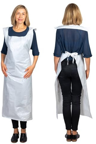 Medipron Heavy Duty Disposable Aprons For Adults - Pack Of 50. Heavy Duty Polythene Aprons For PPE Protection. Full Body Protective Aprons For Women & Men - 50 Microns Thick, 130cm Long, White.