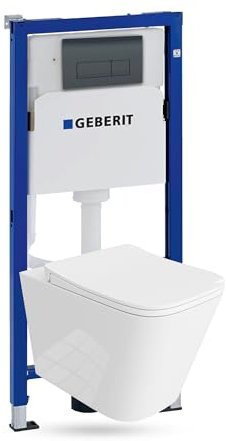 Duofix Maio Ensemble WC complet avec élément mural et évier profond sans bord + panneau de commande Delta 25, bouton noir, kit complet, réservoir encastré