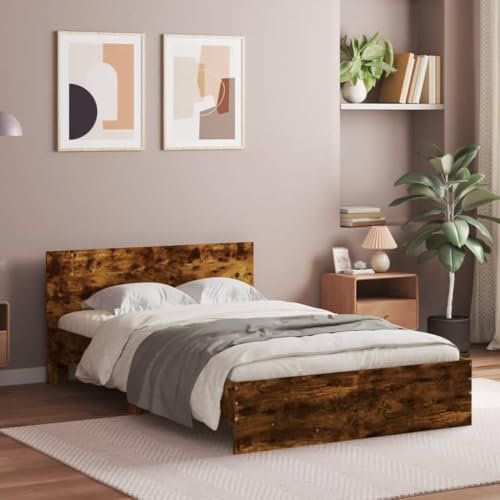 vidaXL Smoked Oak Double Bed Frame with Headboard - 135x190 cm - Engineered Wood Bedroom Furniture - Modern Design Bedstead