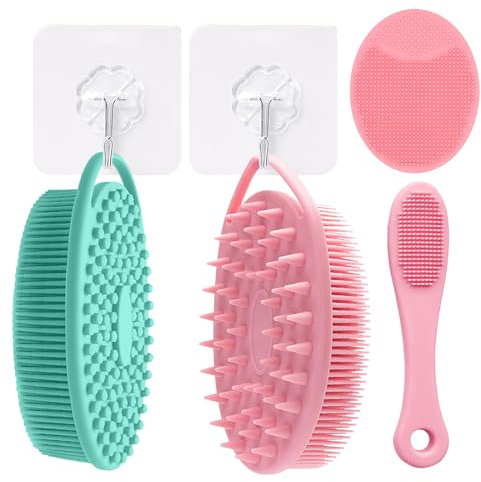 2 Packs Exfoliating Silicone Body Scrubber, Scettar Dual-Sided Shower Scrubber, with 2 Hooks and 1 Nose Brush, Silicone Loofah for Women Men Kids,Antimicrobial silicone face scrubber,Body Scrub Brush