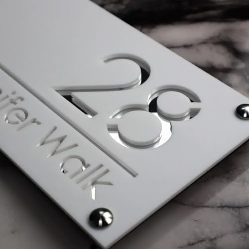 Numéro de maison personnalisé découpé au laser - Numéro de rue résidentiel - Moderne - Pour la maison et l'extérieur - Acrylique 3D - Personnalisable - Blanc argenté