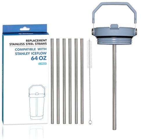 Marchoose 6 PCs Replacement Stainless Steel Straws for Stanley ice flow, 8 inch Reusable straw for Stanley Ice Flow 64oz with Cleaning Brush, Compatible with Stanley Flip Straw Tumbler (64oz)