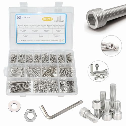 WZHUIDA 1080 Stück M3 Schrauben Set, 6mm-50mm, Edelstahl Sechskopf-Knopf Zylinderkopfschrauben mit Innensechskant Schrauben Muttern Unterlegscheiben Sortiment Set mit Schraubenschlüsseln