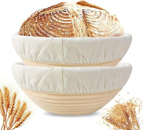 2 Pcs Bread Proofing Baskets, 23cm Round Sourdough Proofing Basket with Linen Cloth Liner for Artisan Bread Making for Professional and Home Bakers