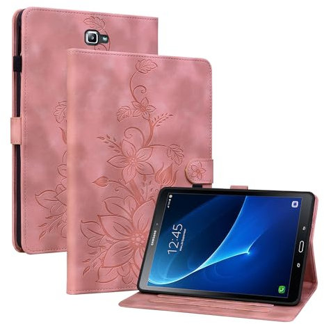 Rosbtib Coque pour Samsung Galaxy Tab A 10,1 Pouces 2016 SM-T580/ T585, Multi-Angles de Visualisation Housse de Protection en Similicuir avec Porte-Carte Couverture Motif Lys, Rose