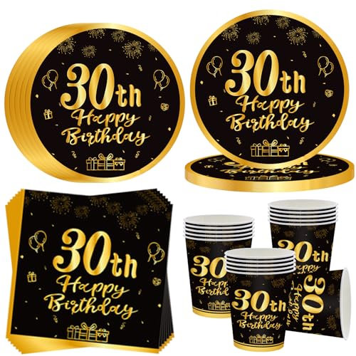OMZSXK Vajilla de fiesta de 30 cumpleaños para 16 invitados, color negro y dorado, plato de fiesta de 30 cumpleaños, platos de papel para 30 cumpleaños, servilletas para hombres y mujeres, decoración
