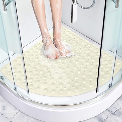 Dricar Tapis de Douche Antidérapant, 70x70cm Tapis de Douche Angle Anti-moisissure, Tapis de Bain avec Ventouses et Trous de Drainage, Tapis pour Douche Lavable en Machine (Beige)