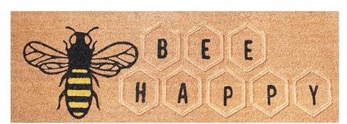 Large Embossed and Printed Coir Door Mat 40 x 125 cm Extra Long Heavy-Duty Hallway Entrance Runner Non-Slip Eco-Friendly Coconut Fibre for Indoor Outdoor Use [Bee Happy]