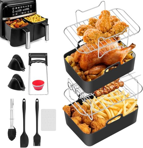 Trintion 12Pcs Air Fryer Accessories Kit for Beginners, Silicone Air Fryer Accessories for Ninja Dual AF300UK AF400UK & Most 7.6L - 9.5L Dual Zone Air Fryers Including Air Fryer Rack & Mini Cake Mold