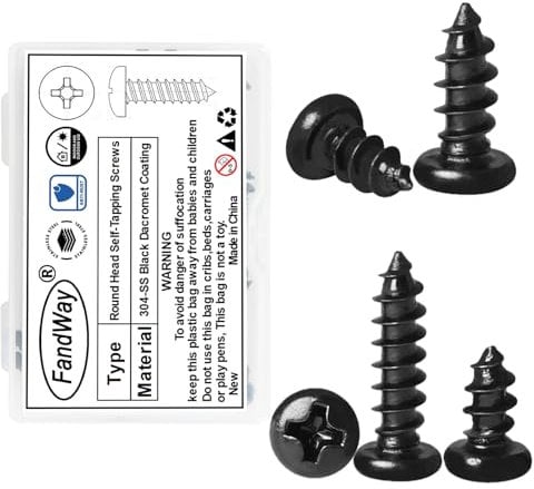 FandWay 50Pcs Self Tapping Screws Black,M4x20mm Wood Screws 304 Stainless Steel,Pan Head Self Drilling Screw,Round Head Sheet Metal Screw Phillips Drive for DIY WoodWork Repairs.