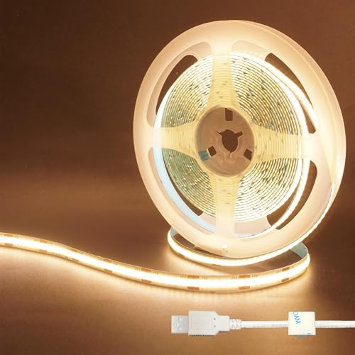 Clearhill 2Packs 5V USB COB LED Strip Lights, 16.4FT / 5M, Warm White 3000K, 320LEDs / M, 8mm Breite, Nicht wasserdicht IP20, 1M USB-Kabel, Flexible LED-Bandleuchte für DIY Home Indoor Dekoration