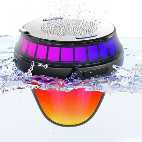 WNWT Schwimmender Lautsprecher für Pool, IPX7, wasserdicht, schwimmender Whirlpool-Lautsprecher mit bunten Lichtern, 15 W Stereo-Sound, TWS, tragbar, kabellos, Partygeschenke für Dusche, Spa, Strand