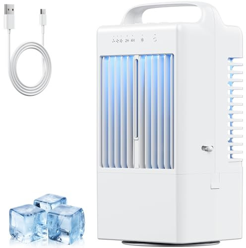 Climatiseur Mobile, Climatiseur Portable, 4 en 1 Refroidisseur d'air Portable, USB Mini Climatiseur Ventilateur avec 90° Oscillation, 2/4H Minuterie, 3 Vitesses, LED 7 Colorées, Maison, Bureau