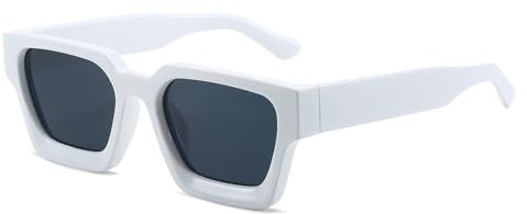 RUNHUIS Retro Dicke rechteckige Sonnenbrille für Damen Herren Vintage Klassisch Großer quadratischer Rahmen Chunky Brillen Weiß/Grau