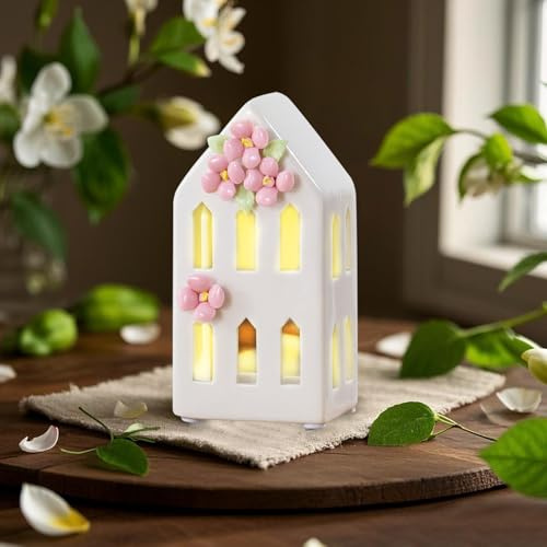 GZWY Frühlingsdeko Häuser mit LED Licht, Keramik Nachtlicht Frühlingsdorf mit Beleuchtung, Osterdeko Frühlingshäuser mit Blume, Frühling Ostern Deko LED Lichthaus Geschenke für Mama, Oma, Frauen (C)
