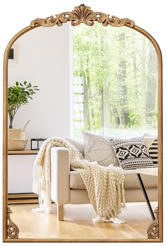 COSTWAY Decorative Wall Mirror, Vintage Ornate Baroque Arched Mirror with Hanging Hooks, Metal Frame Accent Wall Mounted Vanity Mirrors for Hallway, Living Room and Bedroom (Antique Gold, 90 x 61cm)