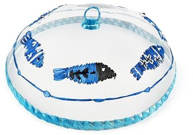 Excelsa Ocean Coprivivande in Metallo con Decoro Pesci, Decorato a Mano in Rafia, 30 cm, Bianco e Blu
