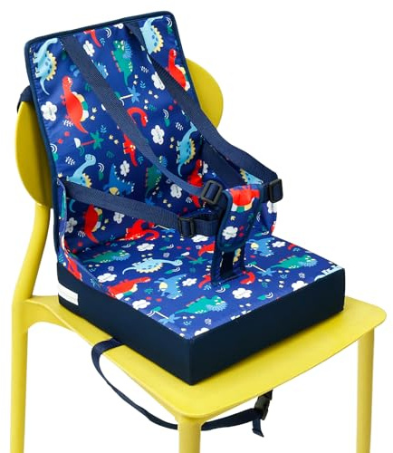 Sitzerhöhung Stuhl Kind Anschnallen 5-Punkt-Gurt, Sitzkissen Kinder Stuhlerhöhung Abnehmbar, mit Rutschfester Unterseite Verstellbare Sicherheitsschnalle für Restaurant Küche(Dinosaurier)