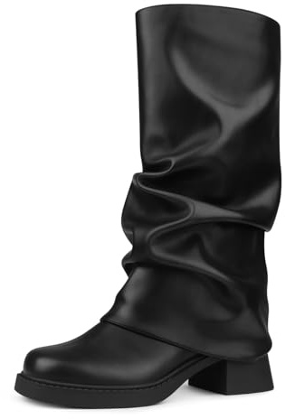 Cociy Fold Over Boots for Women Slouchy Booties Wide Calf Pleated Platform Boots Square Toe Chunky Stacked Motorcycle Riding Boots Low Heel Pull On Mid Calf Boots Black US6.5