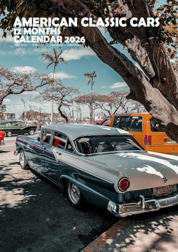 American Classic Motors Wandkalender 2026, 12 Monate Vintage Automobilfotografie, mehrsprachiger Monatsplaner mit Aufklebern