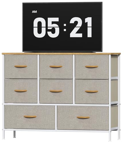 Feonase Chest of Drawers, Bedroom Dresser with 8 Fabric Drawers, Metal Frame & MDF Wood Top, Adjustable Feet, Storage Organizer Unit for Bedroom, Closet, Living Room, Hallway, Khaki