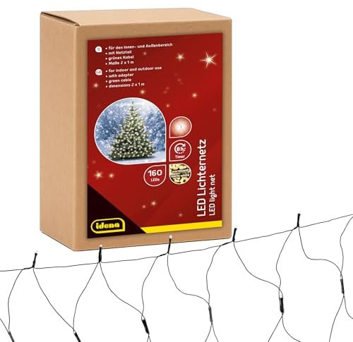 Idena 31899 - LED Lichternetz mit 160 LEDs in Warmweiß, ca. 2 x 1 m, für Außen & Innen, mit 8 Stunden Timer Funktion und Transformator, als Party Deko, Weihnachtsdeko, zur Hochzeit