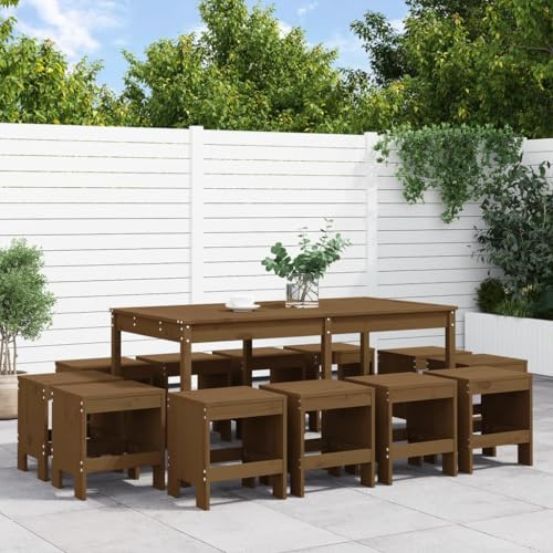 QJBSAVVA 13-TLG. Gartenmöbel Set Honigbraun Massivholz Kiefer 159,5 x 82,5 x 76 cm mit 12 Hockern, platzsparend stapelbar, rustikales Design für Terrasse Balkon Garten Esstischgruppe